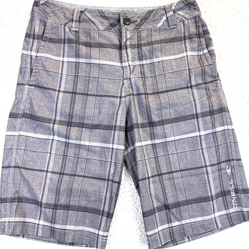 ONeill Hybrid Shorts Mens 30 Dark Grey Plaid Hybrid Stretch Beach Surf Chinos